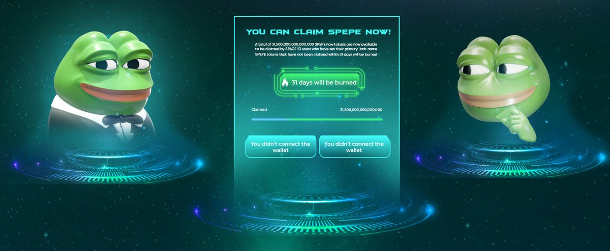GM!  SPEPE announcement soon.

A total of 31,500,000,000,000,000 SPEPE now tokens are now available to be claimed by SPACE ID users who have set their primary .bnb name

Engage To Join The Airdrop SPEPE
Claim website coming soon!!!

#SPACEID #Memes #aidoge #memeseason #bscgem