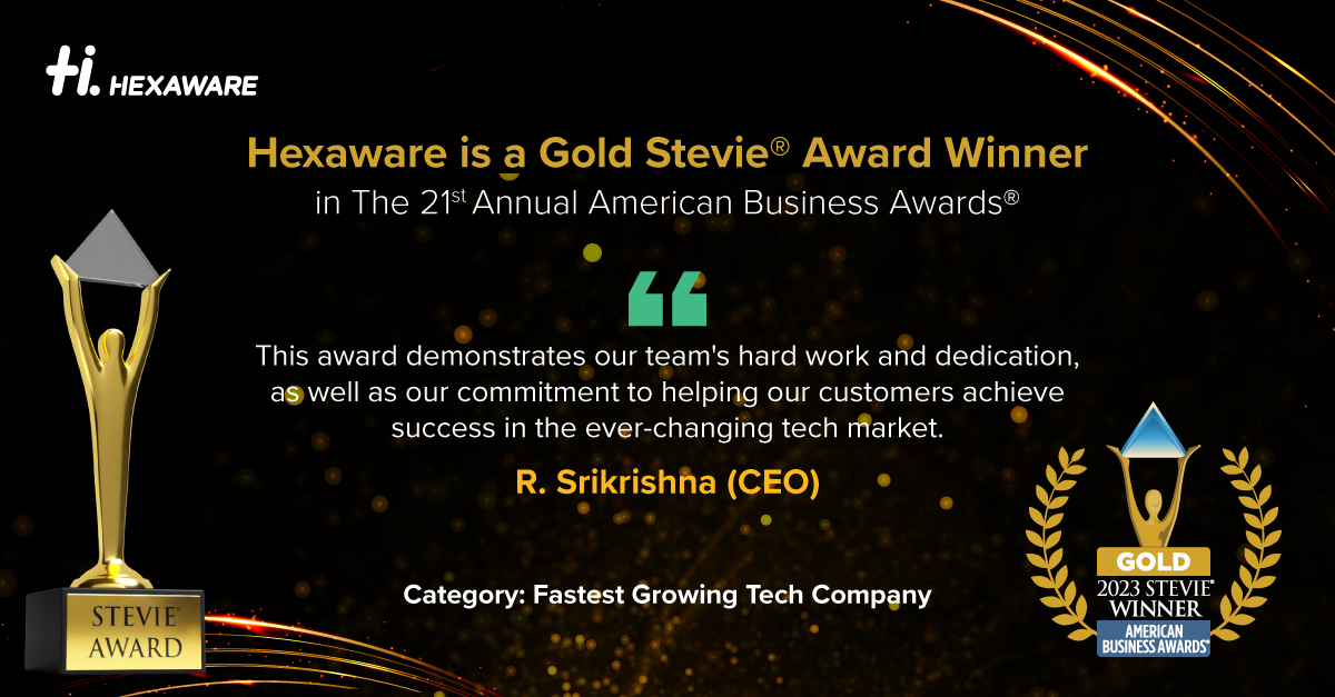HexawareGlobal's tweet photo. Hexaware has been recognized as a Gold @TheStevieAwards winner in The 21st Annual American Business Awards® for the fastest-growing tech company of the year! Learn more here https://t.co/tkjgrNuuua
#thestevieawards #StevieWinner2023 #CreatingSmiles #pressrelease https://t.co/cgP0nJmz1B