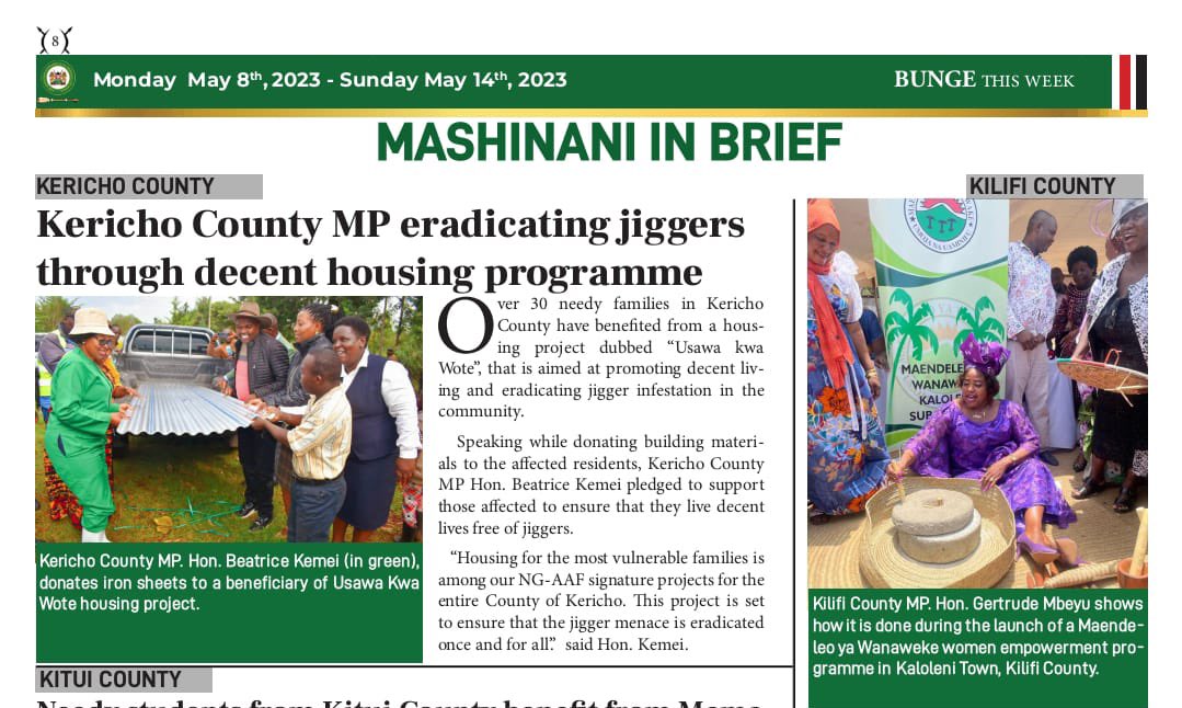 I am eager to effect our national policy on prevention and control of  jiggers infestations through a housing program to the most affected and vulnerable households.
Will be glad to partner with orgs with similar interests.
<a href="/MzalendoWatch/">Mzalendo</a> 
<a href="/NAssemblyKE/">National Assembly KE</a>