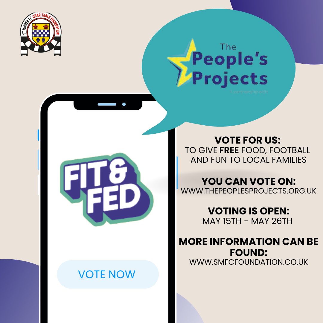 SMFC_CF's tweet photo. We are in the final of the People's Project for our programme FIT and FED!

Vote for us to give FREE FOOD, FOOTBALL and FUN to local families.

Vote Now: https://t.co/5mcoQpb2dT

#PeoplesProjects

@saintmirrenfc @stmirrenwfc @KibbleCharity @smisatrust @StMirrenAcad @Sunday_Mail https://t.co/Nm7BwjKVKm