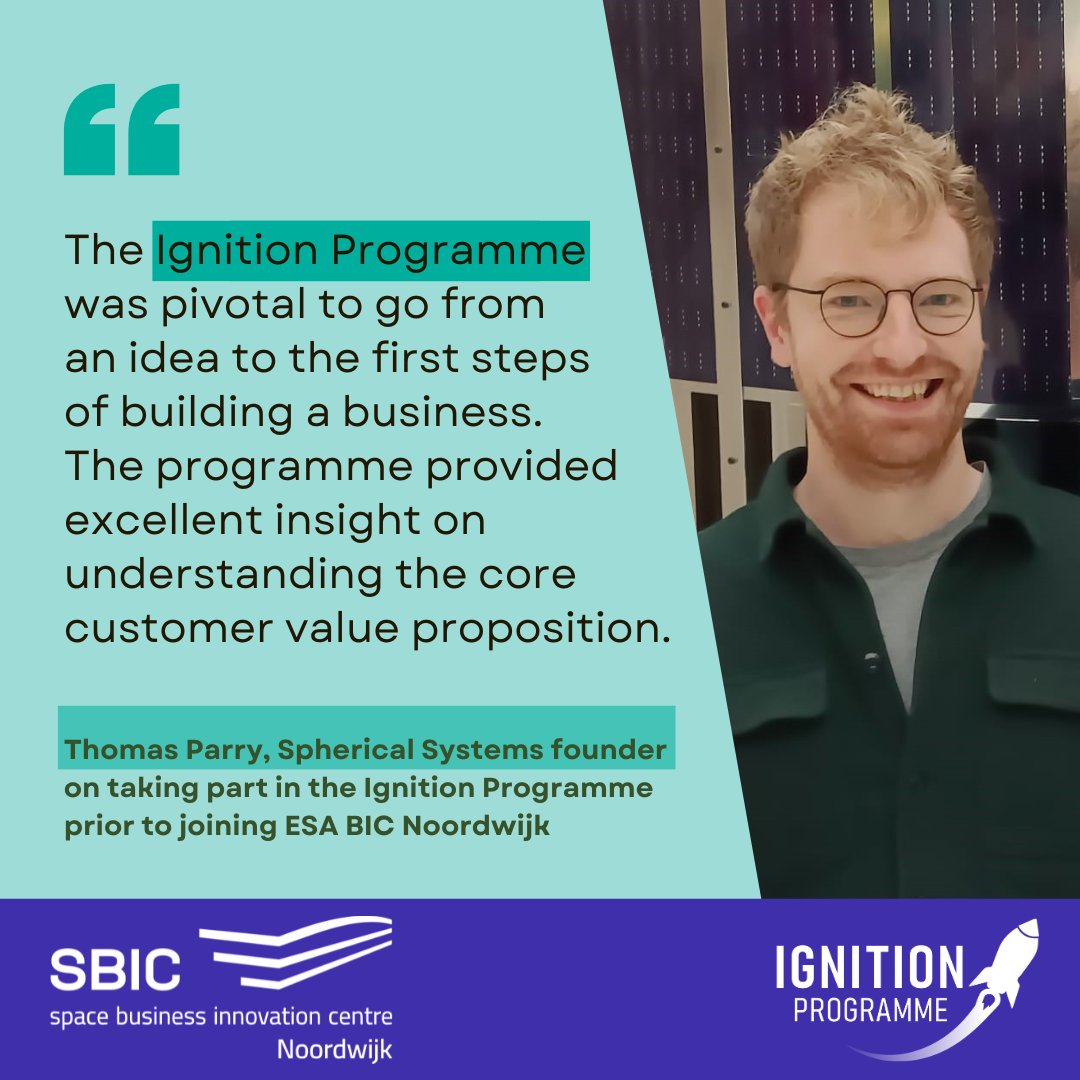 ESABICNoordwijk's tweet photo. 💡 "The Ignition Programme was pivotal for me to go from an idea to the first steps of building a business," says Thomas Parry of ESA BIC startup @Spherical_Sys. 
▶️  Apply to join by 21 May 2023
▶️  Details: https://t.co/ixtsgt1v3t

#Startups #Ignition #SpaceBusiness #ESABIC https://t.co/S2MVgJC7MW