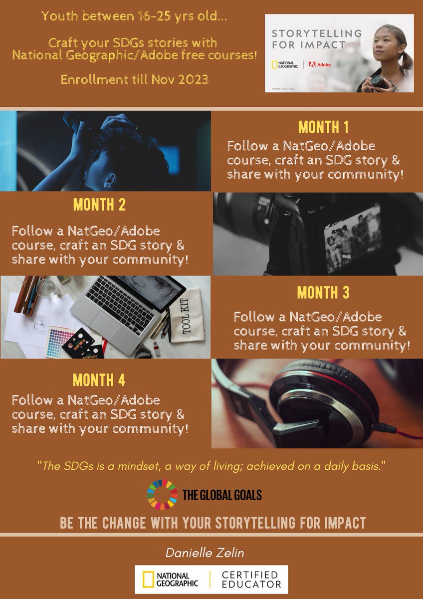 Youth 16-25 yrs, how about using digital communication tools to create an #SDG #StorytellingForImpact?
Here is a little road map to guide you☺️
The link to register: nationalgeographic.org/education/prof…
with <a href="/NatGeoEducation/">Nat Geo Education</a> <a href="/Adobe/">Adobe</a> <a href="/KipHottman/">Kip Hottman, NBCT</a> 
#ExplorerMindset #SDGs💛🌍💙