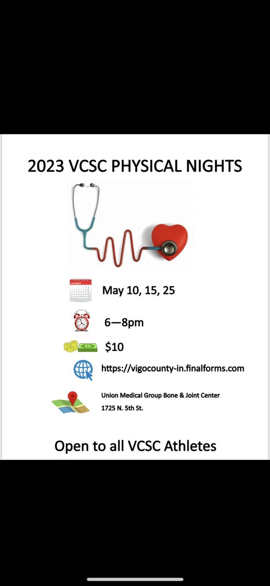 🚨ALL ATHLETES AND PARENTS! 🚨

Physical nights kick off TOMORROW!! 

The 1st of 3 nights to get your new physical for the 2023-2024 school year!

REMEMBER you MUST have a NEW physical on file to participate in any summer conditioning/workout