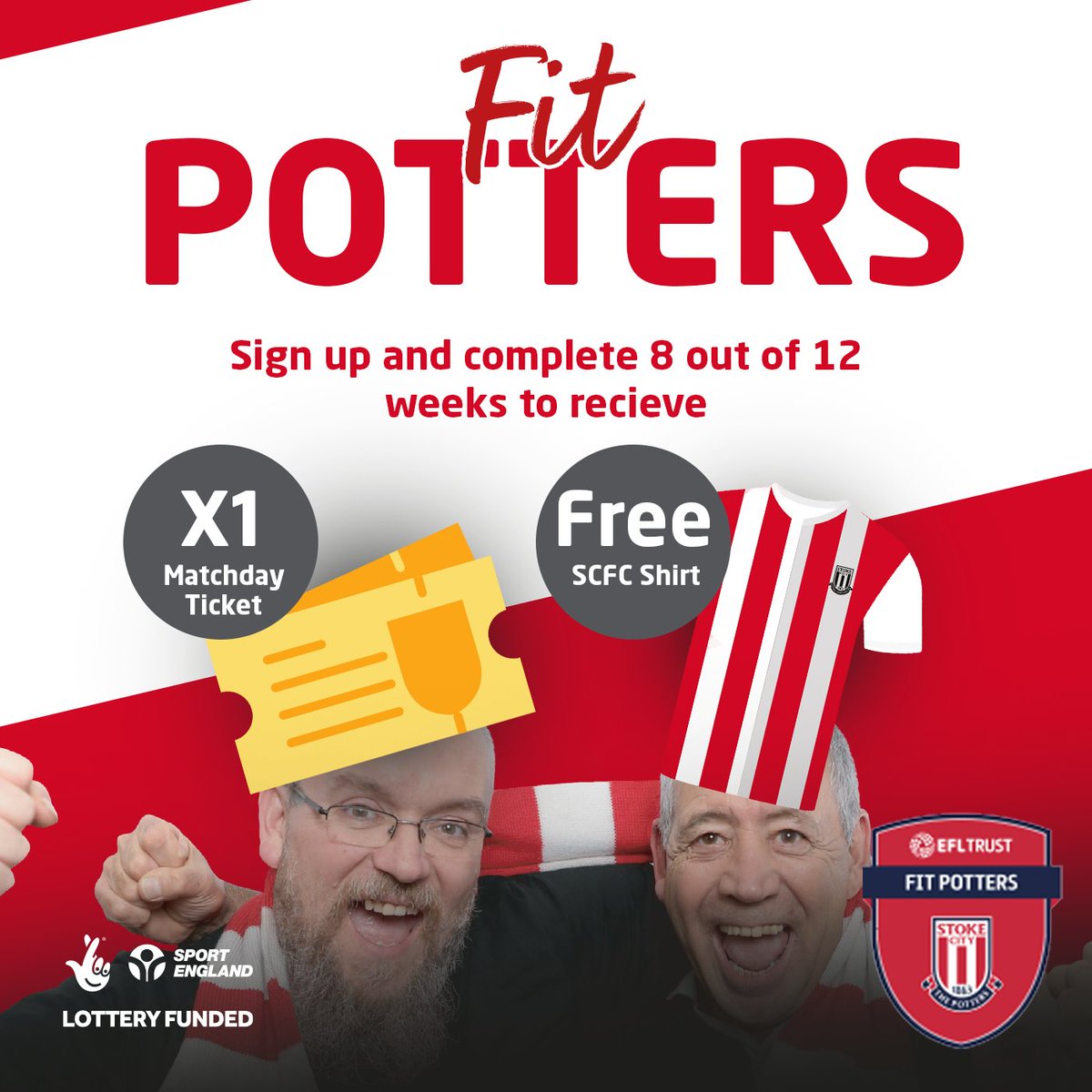 scfc_foundation's tweet photo. 🗣️Are you ready to make positive changes to your lifestyle? 

Join us on our next Fit Potters course, a FREE 12-week health programme for males aged 35-65, with a BMI of 28+. 

For more information on how to sign up please contact alice.faulkner@stokecityfc.com 🔴⚪ https://t.co/g419KEUfHc