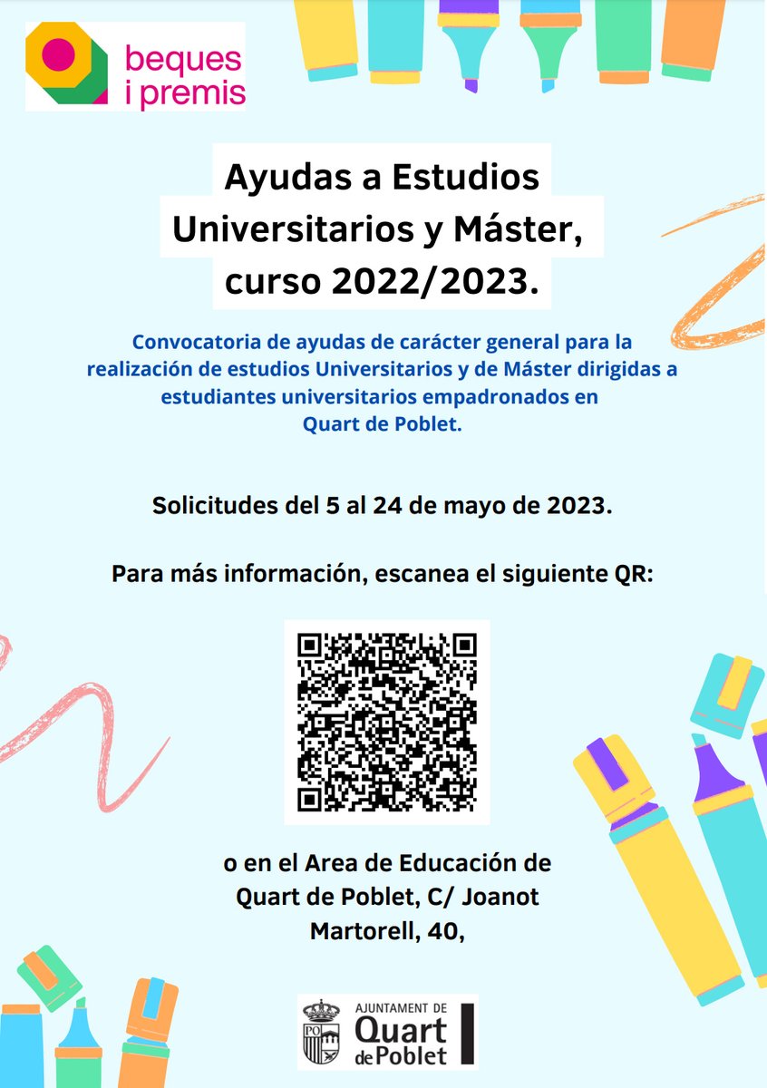 L'Ajuntament de <a href="/quartdepoblet/">Quart de Poblet</a>  convoca, a través de la seua Regidoria d'Educació, una sèrie de ajudes per a la realització d'estudis Universitaris i de Màster dirigides a estudiants universitaris empadronats a #QuartdePoblet
📷Més info en: quartdepoblet.es/areas/educacio…
