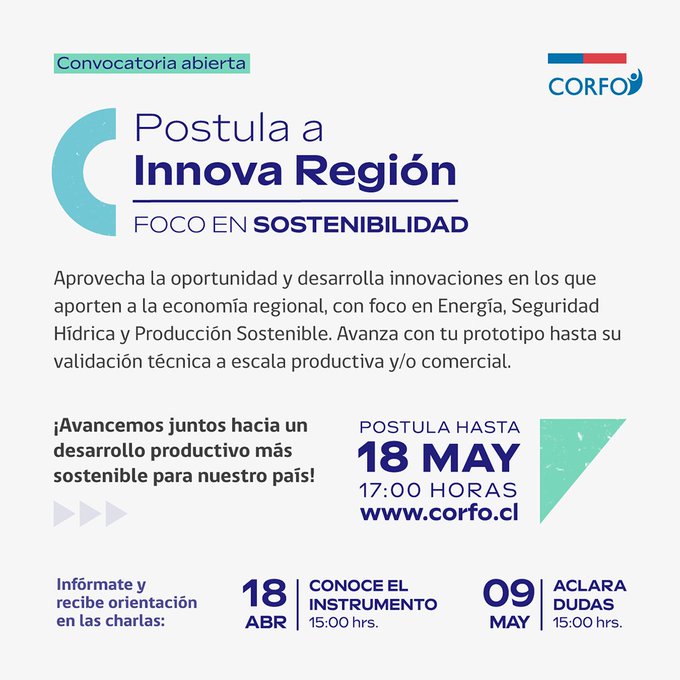 🧐¿Quieres saber más sobre el Programa Innova Región de <a href="/Corfo/">Corfo</a>? Esta tarde a partir de las 15 horas te esperamos en esta nueva charla online 📲💻para aclarar todas tus dudas y hacer una correcta postulación
Aún estás a tiempo🏃
Inscripciones 👉bit.ly/3B9oJdh