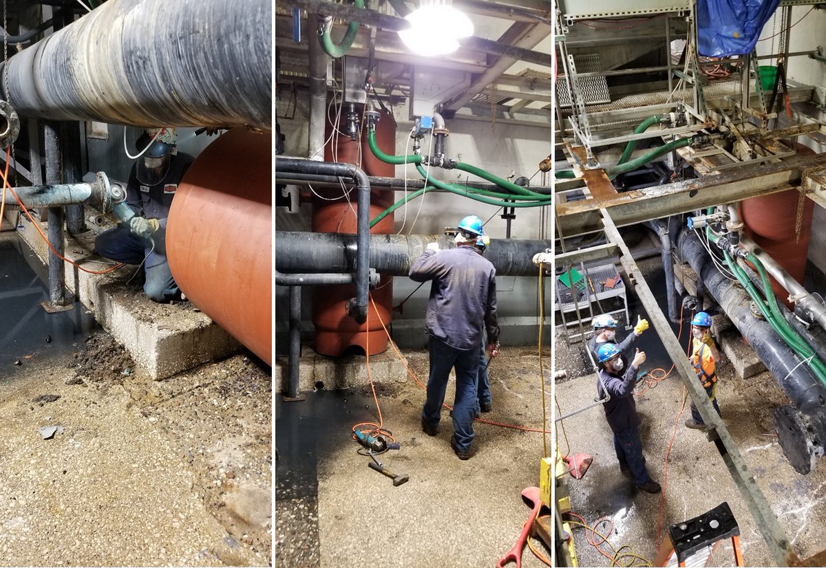 RasMech's tweet photo. Throwing it back to a challenging project replacing an air tank that was surrounded by mechanical pipes and structural supports. By reworking the piping and structural supports, we were able to remove and install the air tank in one day. #problemsolvers #airtank #mechanical https://t.co/wOFjmp4FaQ