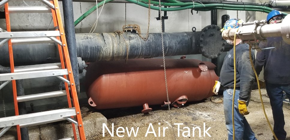 RasMech's tweet photo. Throwing it back to a challenging project replacing an air tank that was surrounded by mechanical pipes and structural supports. By reworking the piping and structural supports, we were able to remove and install the air tank in one day. #problemsolvers #airtank #mechanical https://t.co/wOFjmp4FaQ