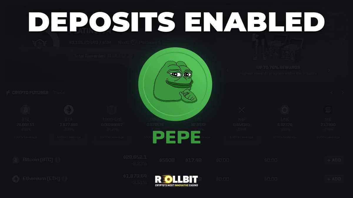ICYMI: $PEPE utility has landed 🐸 You can now deposit your $PEPE to  Rollbit! - Casino: 1000s of thrilling games 🎰 - Trading: 1,000x leverage  trading 📈 - NFT Gambling: Lootboxes &