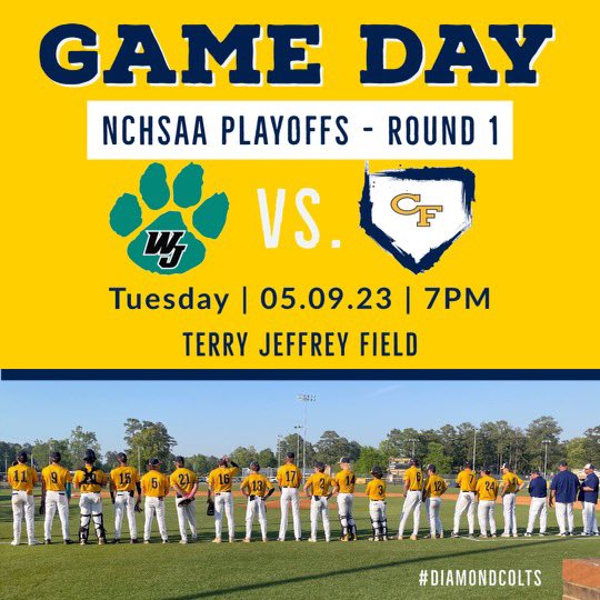 CFColtsBaseball's tweet photo. #DiamondColts welcome West Johnston to Colt Country tonight for the 1st round of the NCHSAA playoffs. Come out and cheer on the guys! https://t.co/Baqxib5pUw