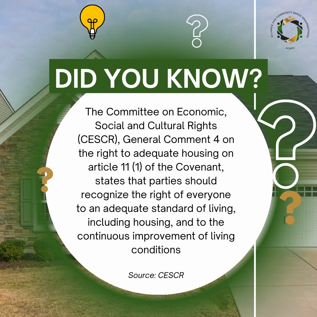 The right to adequate housing holds a central place within the human rights system. It is an important basic human need similar to other rights such as the right to food or health
#lowincomehousing

@greengovzw1 @GwenTrust @CIASA_Official @CydtMat  @YoungWomenInst