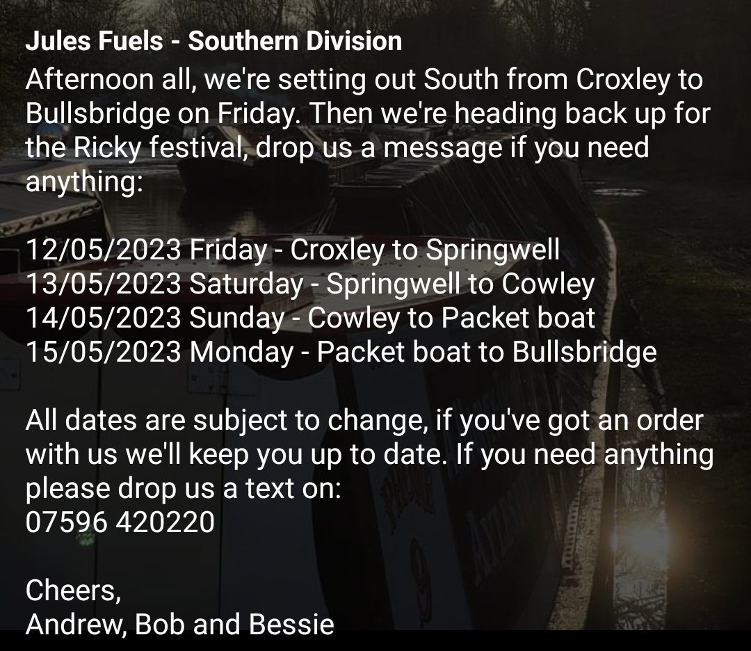 FuelsJules's tweet photo. New schedule update, heading south from Croxley to Bullsbridge this weekend. Drop us a message if you need anything: 07596 420220 https://t.co/NJlIzIOC91