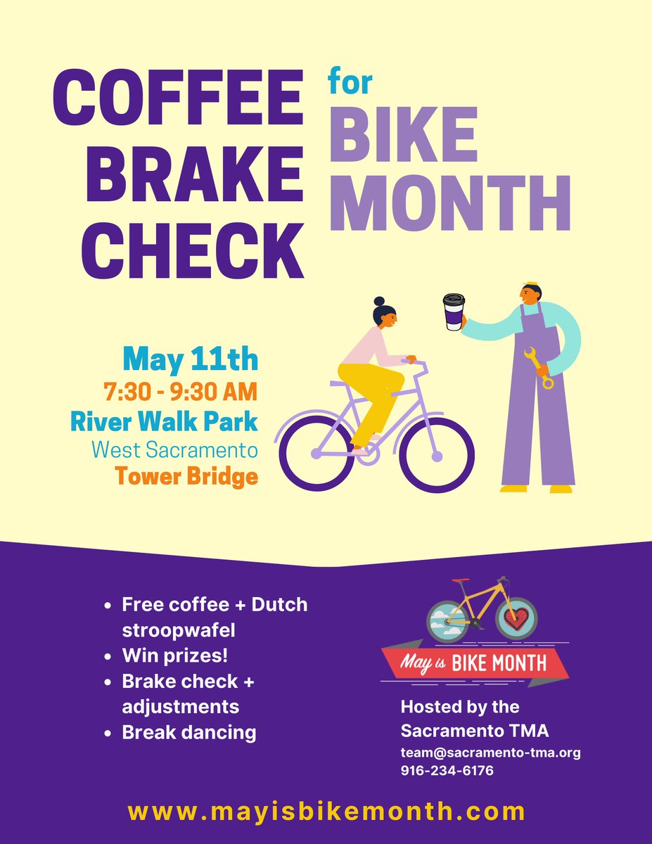 mayisbikemonth's tweet photo. This Thursday morning, enjoy free coffee and fresh-baked Dutch stroopwafel with the Sacramento + 50 Corridor TMAs (@50corridor) at the Tower Bridge. They'll be on the West Sac side of the bridge from 7:30-9:30am with treats, swag, and @sacbike bike mechanics to offer free repairs https://t.co/wZcfNxcbqe