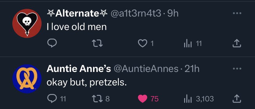 TabRob22's tweet photo. @a1t3rn4t3 The Auntie Anne’s tweet under this really pulled everything together https://t.co/ESMRh55icr