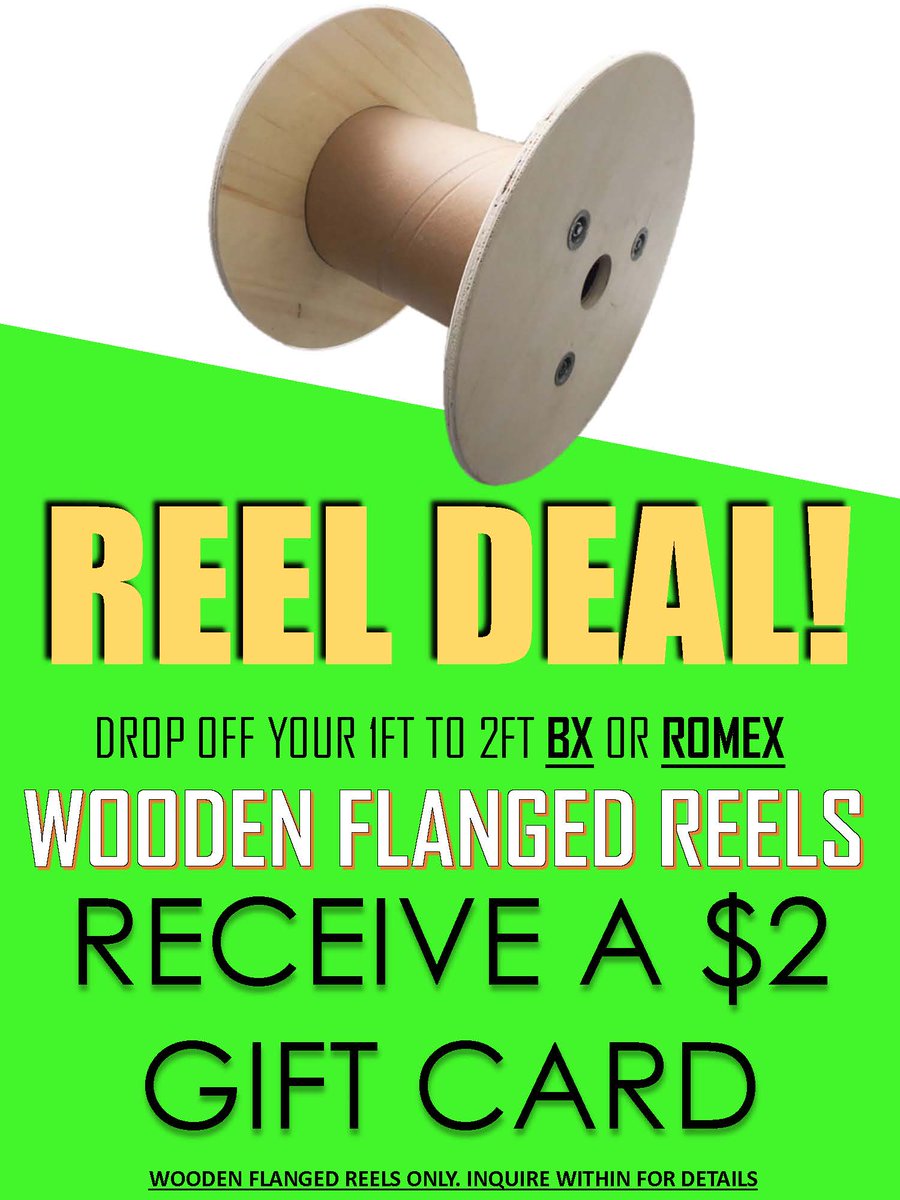 THE #REELDEAL IS BACK! Drop off your 1' or 2' BX or ROMEX WOODEN FLANGED #REELS and receive a $2 gift card! #deals #event #promo #electrical #lighting #wholesale #toronto #gta #vaughan #woodbridge #scarborough #cambridge #kitchener #waterloo #oneil #oneilelectric