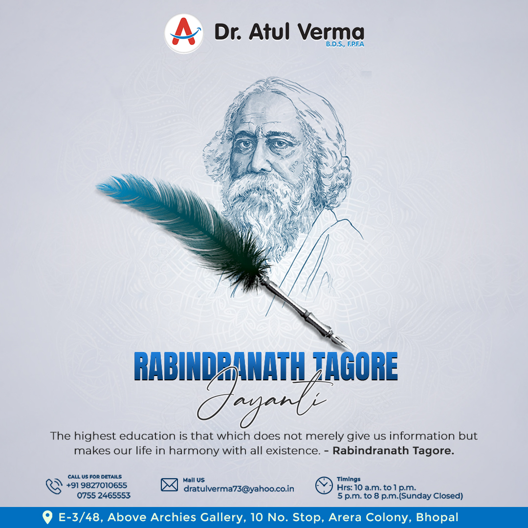 Remembering the Legacy of Tagore on His Birth Anniversary.
#RabindranathTagoreJayanti #TagoreJayanti #CelebratingTagore #TagorePhilosophy #BengaliCulture #Dentist #TeethCleaning #TeethWhitening #SmileMakeover #Orthodontics #DentalImplants  #bhopal #madhyapradesh #dratulverma