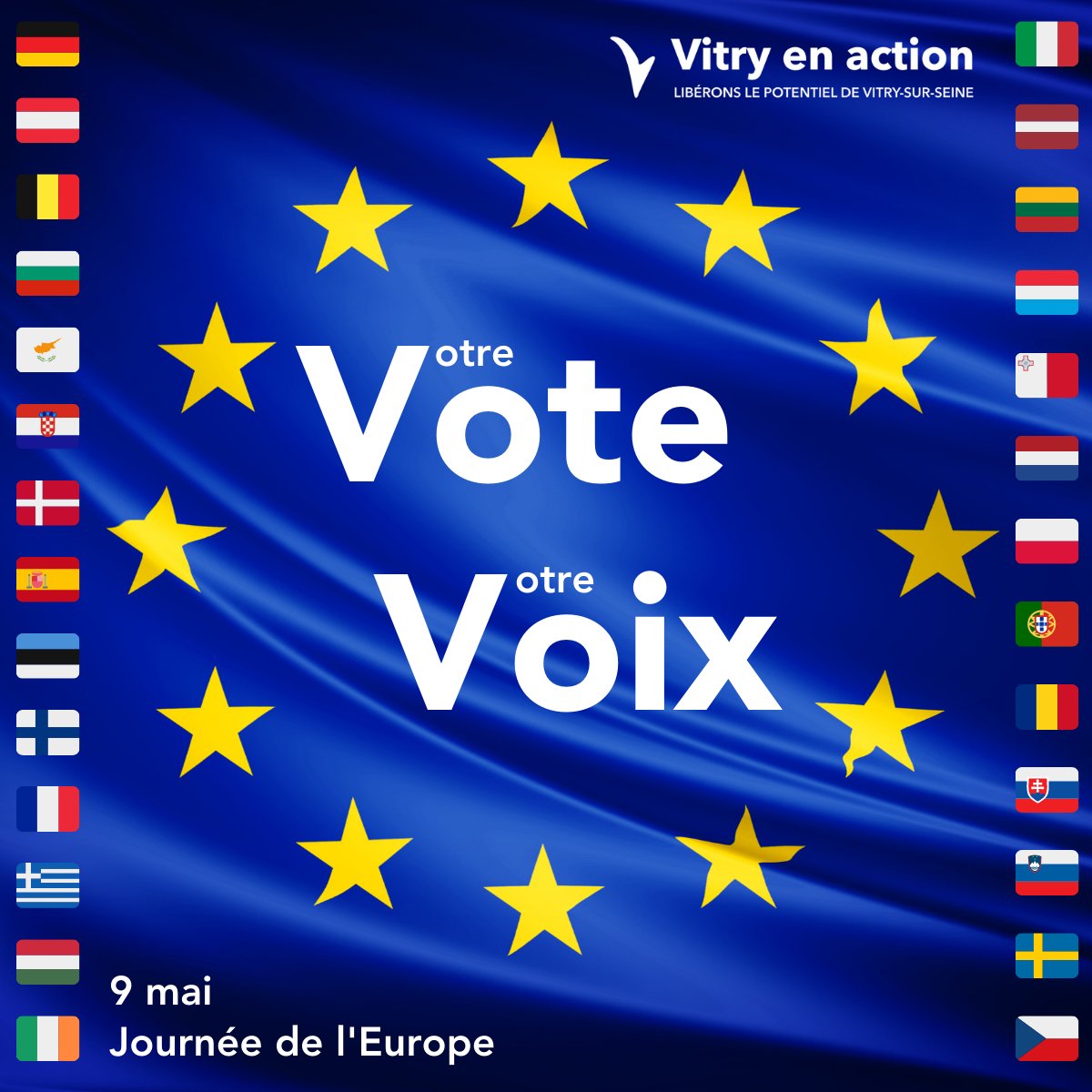 VitryEnAction's tweet photo. Oui, les Européens peuvent voter en France !
Pour s'inscrire 👉 https://t.co/AmAkyvActn
#JournéeDeLEurope #EuropeDay #EuropeDay2023 #9mai #9mai2023 https://t.co/7hpQjpkEQW