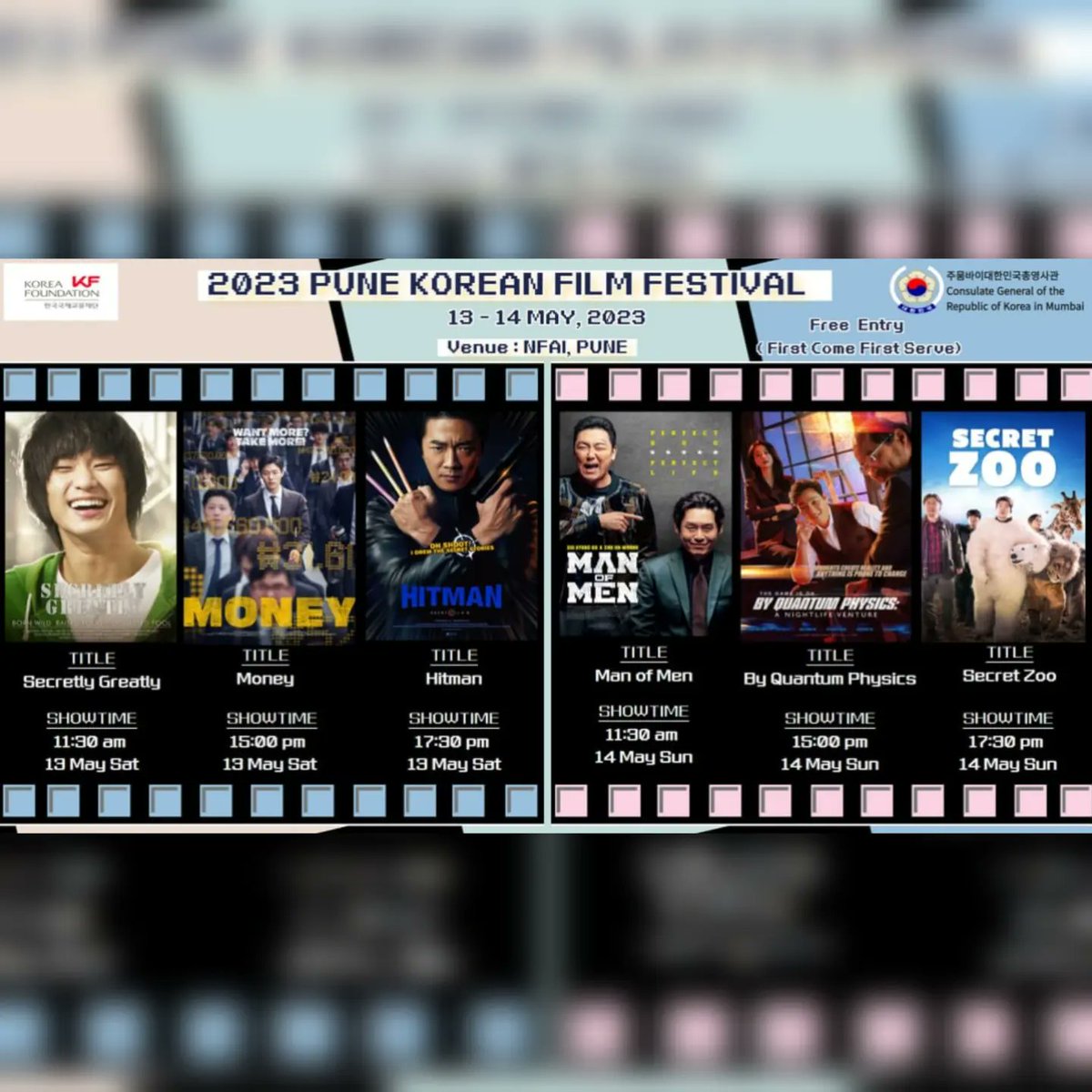 NFAIOfficial's tweet photo. Join us at NFDC-National Film Archive of India for the #PuneKoreanFilmFestival2023 on 13th and 14th May 2023 from 11.00 am onwards! The  festival is being organised by the Consulate General of the Republic of  Korea in Mumbai in collaboration with the Korea Foundation. https://t.co/kGDTwLQhVi