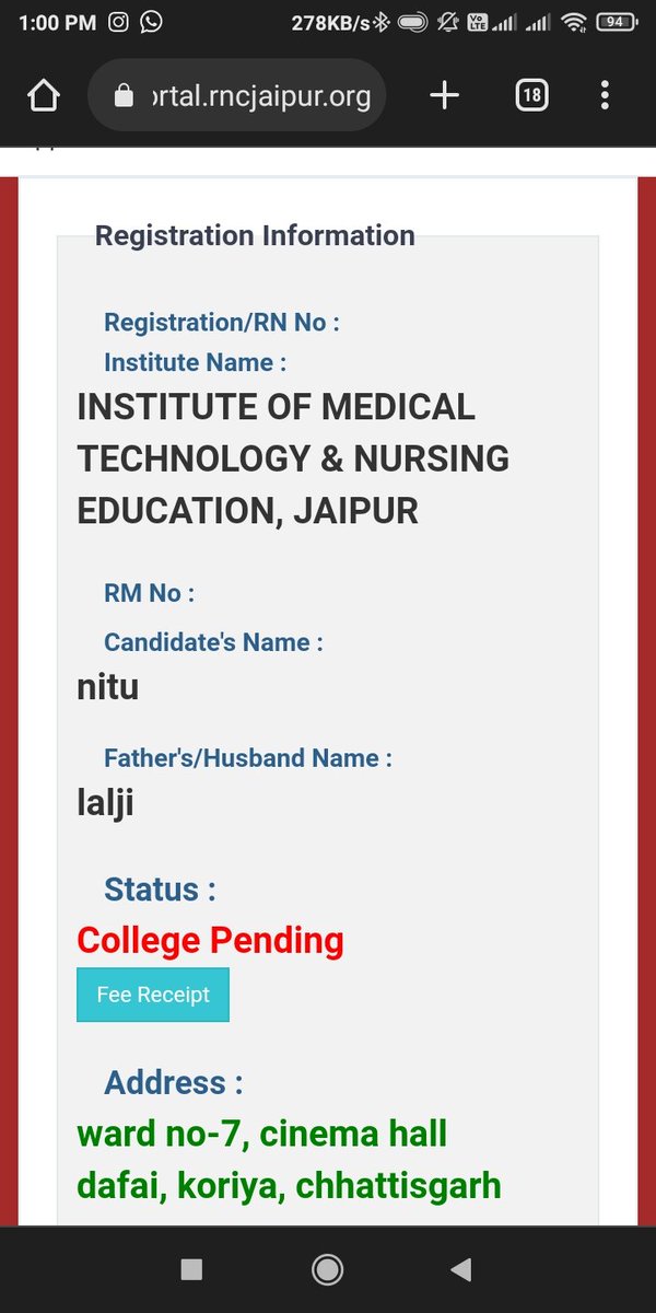 nitusingh289's tweet photo. Hi Team @help_rnc_reg i am nitu GNM nursing batch 2017-18 batch I have completed my degree. But haven't received my RNC no yet the status is showing college pending and i have applied on 10th jan 2023. But still m waiting so could you please help me. Cc @ashokgehlot51 sir please. https://t.co/E8CUlCHoFD