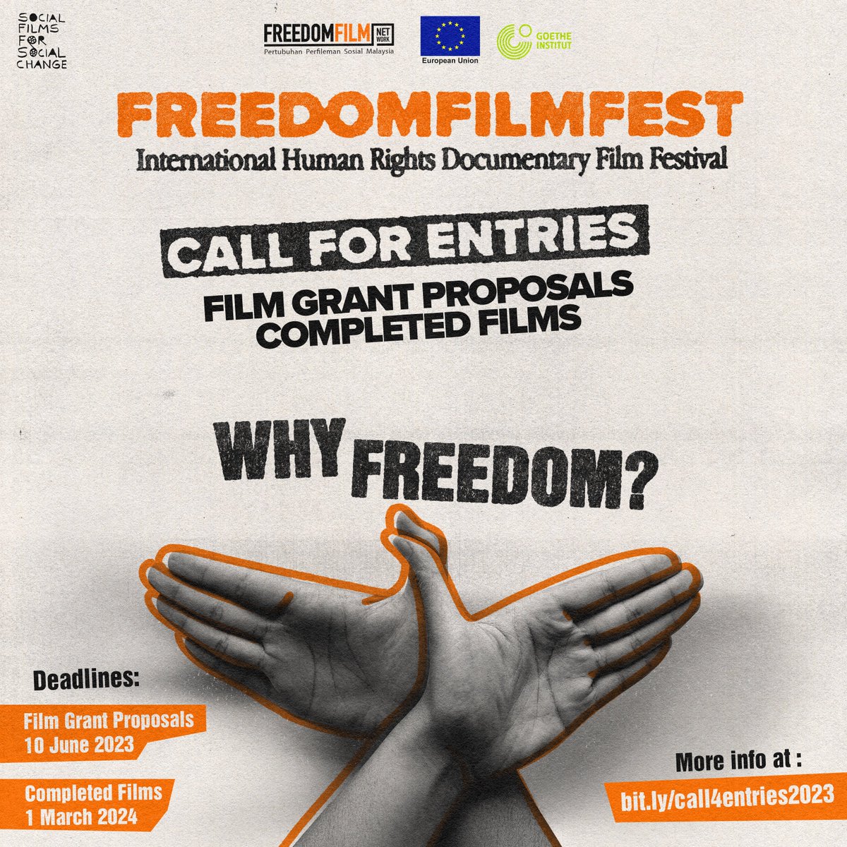 freedomfilmfest's tweet photo. The call for entries for the 2023 #FreedomFilmGrant is now open! To commemorate the 20th year of the #FreedomFilmFest, our theme is “Why Freedom?”.
@EUinMalaysia
@goetheinstitut Malaysia
#freedomfilm #freedom #socialfilm #socialchange #whyfreedom https://t.co/94RPcuxd5b