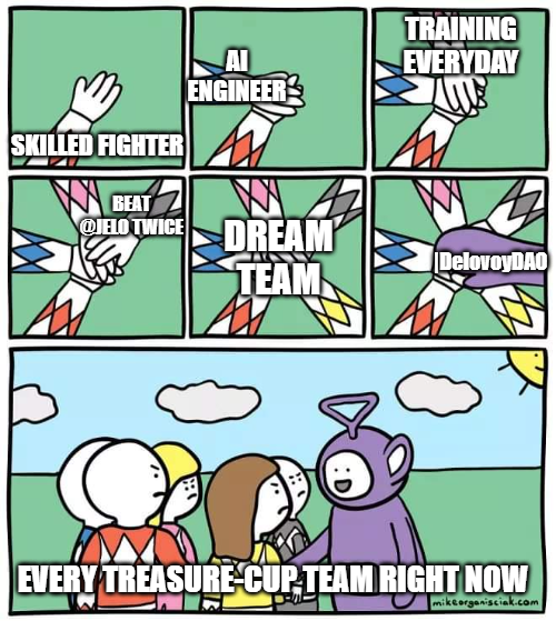In every team on <a href="/aiarena_/">AI ARENA | ʌı</a> treasure cup present <a href="/DelovoyDAO/">Delovoy DAO</a> scout:
#Memes