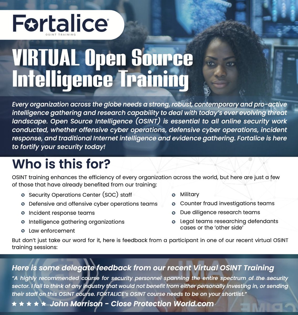 BenOwen42's tweet photo. JOIN US! May 22nd - 25th (Inc.), 13:30 - 17:30 daily via Zoom for #worldclass #OSINT #training. For a full brochure, please email EMEA@fortalicesolutions.co.uk or drop me a message. @FortaliceLLC . #development #internetinvestigations #internetintelligence #cyberspy https://t.co/2shbuRi16G
