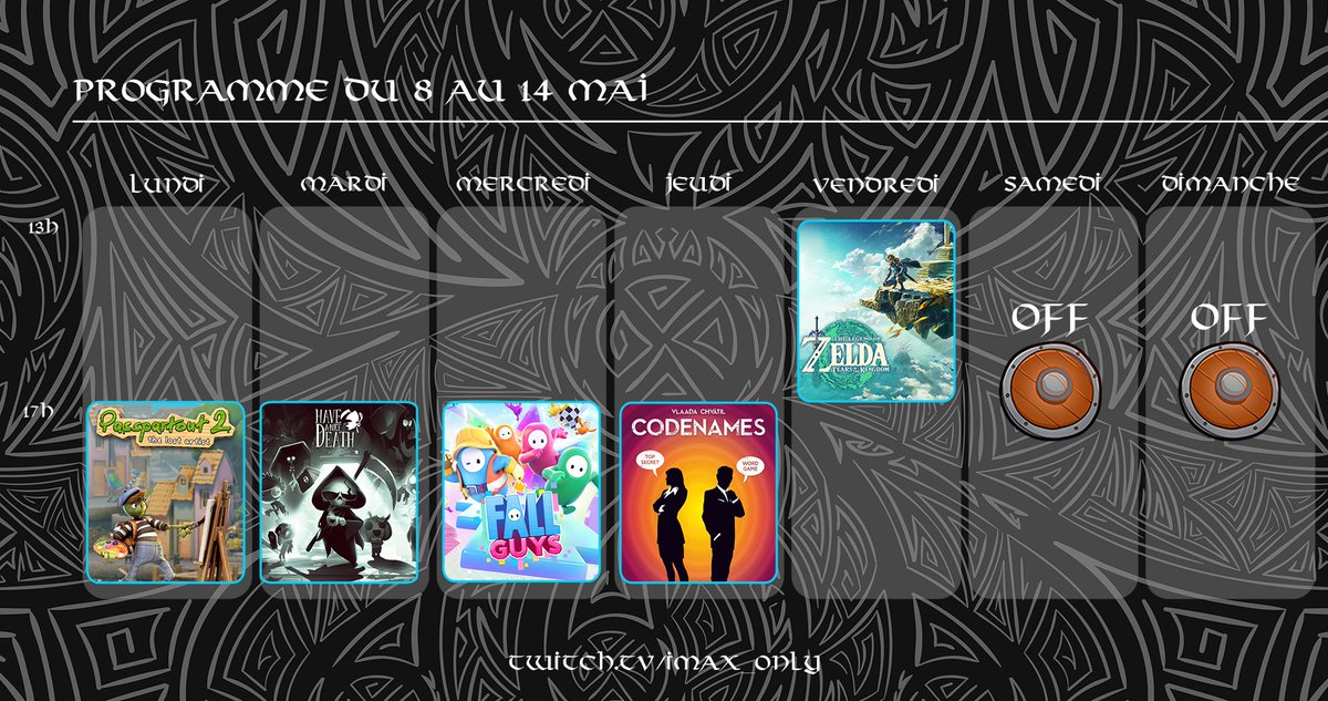 ImaxOnly's tweet photo. Planning de la semaine au programme :
- Speedrun have a nice death
- Decouverte nouvelle saison FG
- Codenames avec la commu
- Zeldaaaaaaaaaaa

https://t.co/OTur2M8djS

#twitchfr #twitch #HaveANiceDeath #passepartout2 #codenames #totk #FallGuys https://t.co/zc5PAKsCHC
