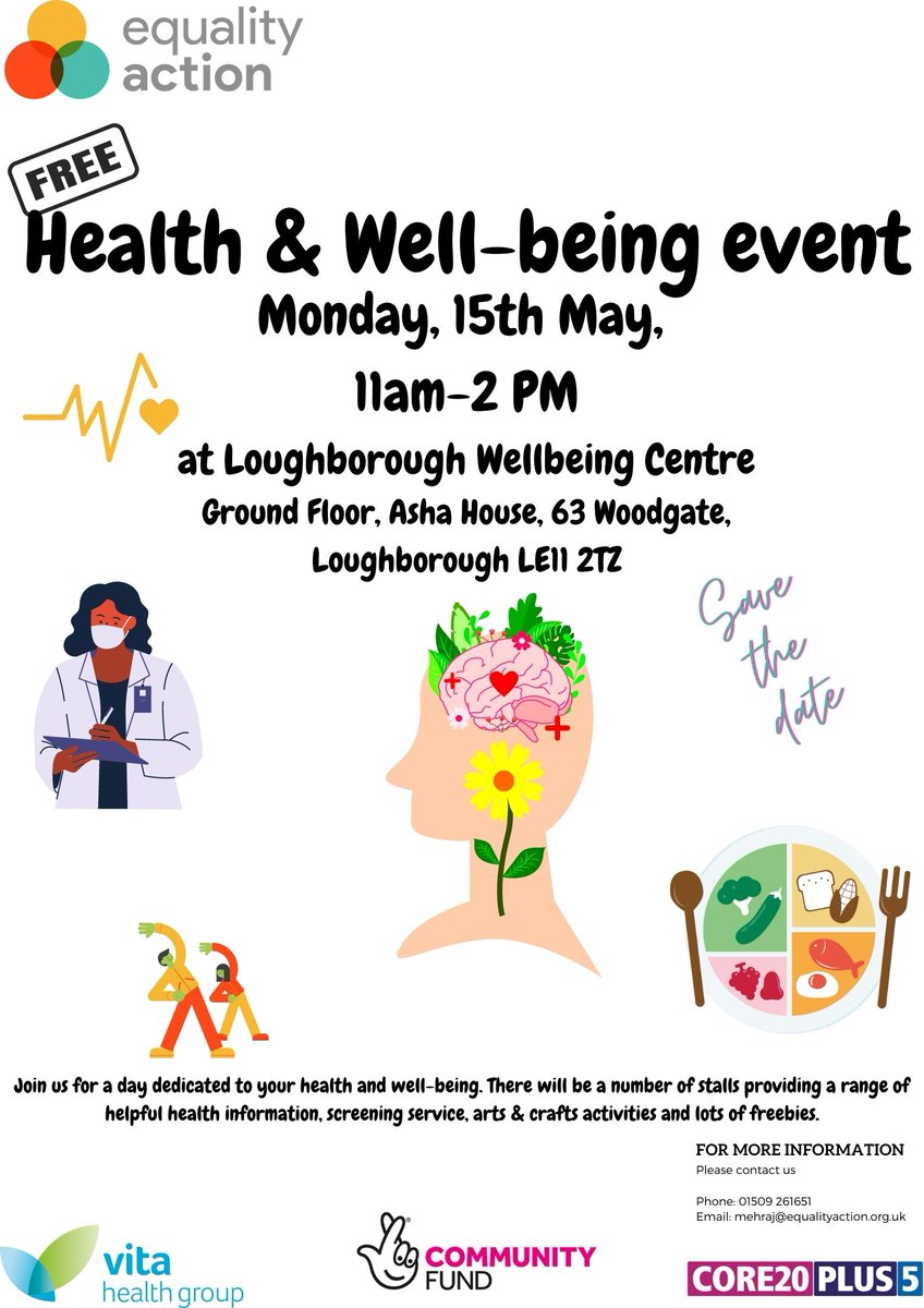 LeicsPCC's tweet photo. #EVENT 
🎊Join the #PeopleZones team @EACharnwood's  Health &amp; Wellbeing Event at the #Loughborough Wellbeing Centre on Monday 15th May from 11am – 2pm. A day dedicated to YOUR health and wellbeing in YOUR local area 💖Please RT 

#BellFoundry @charnwoodbc https://t.co/zChPv7xepZ