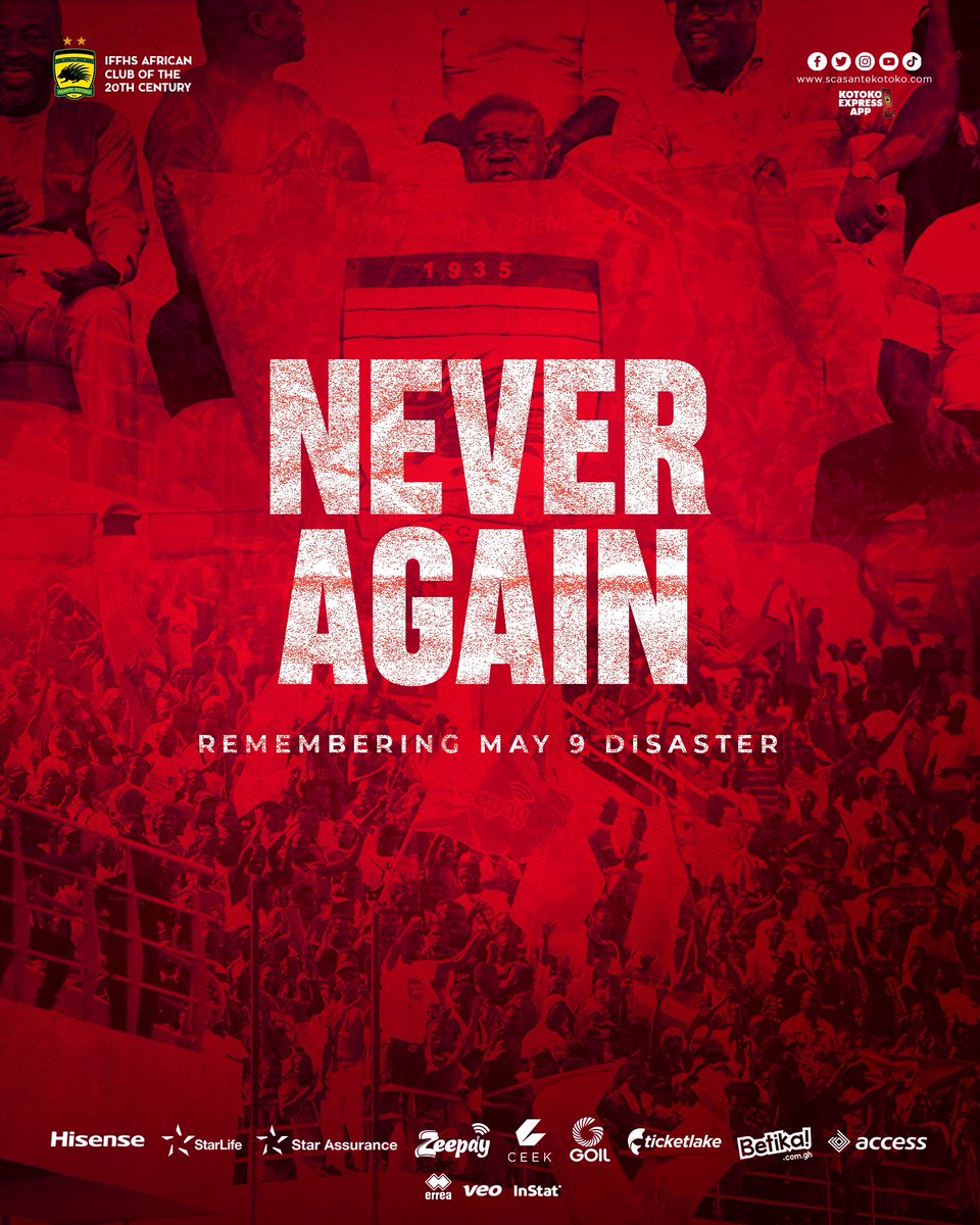 AsanteKotoko_SC's tweet photo. 22 years ago, our clouds of cheers and chants were suddenly and tragically covered in darkness as precious lives of football fans were lost. 

We at Asante Kotoko vehemently call for Zero Tolerance to Stadium riot and Football Violence .

#Neveragain 😔 🕊️ 
#AKSC #Fabucensus https://t.co/kIT7cJrcTo