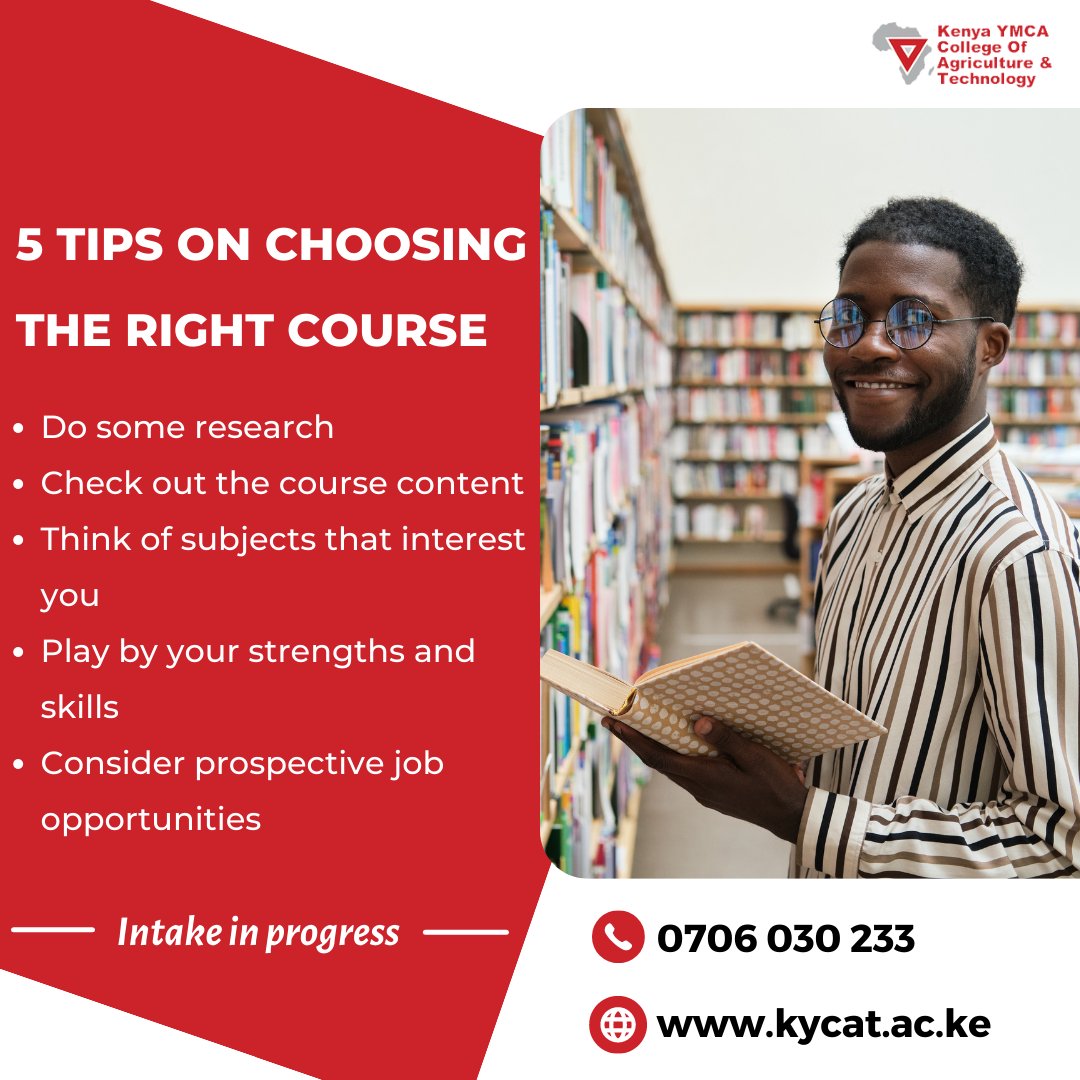 KenyaYmca's tweet photo. Choosing a course to pursue could be a difficult decision, especially when it hasn't crossed your mind beforehand. Here are some tips to help you with that 👌🏾

For inquiries on our courses
☎Call: 0706 030 233
📱WhatsApp: https://t.co/ohgouiZ3w4
📧Email: info@kycat.ac.ke https://t.co/kEklMNPKgw