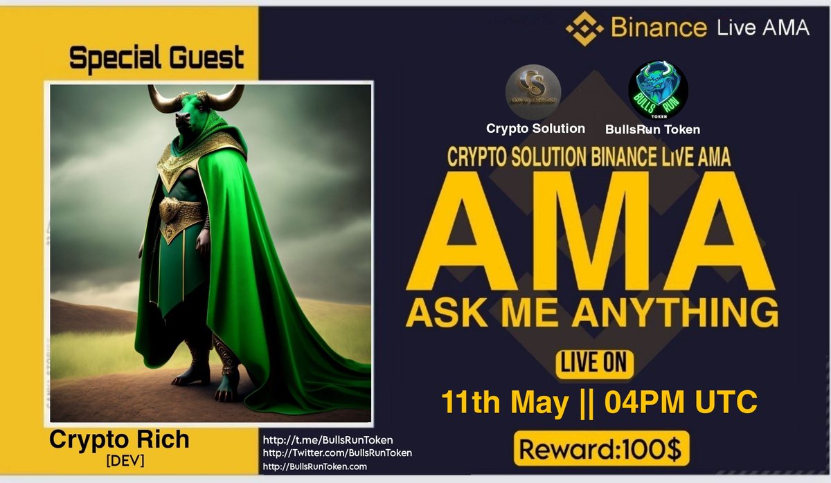 Crypto Solution (@cryptosolutiong) on Twitter photo 🔊 #BinanceLiveAMA Crypto Solution Glad To Announce AMA with BullsRun Token
⏰ Date & Time: 11/05/23 AT 04PM UTC
💰Rewards Pool: 100$ BUSD
🏠Venue: binance.com/en/live/video?…
〽️Rules:
1⃣ Follow <a href="/CryptoSolutionG/">Crypto Solution</a> and @BullsRunToken
2⃣ Like & Retweete
3⃣ Comment Questions 🔊 #BinanceLiveAMA Crypto Solution Glad To Announce AMA with BullsRun Token
⏰ Date & Time: 11/05/23 AT 04PM UTC
💰Rewards Pool: 100$ BUSD
🏠Venue: binance.com/en/live/video?…
〽️Rules:
1⃣ Follow <a href="/CryptoSolutionG/">Crypto Solution</a> and @BullsRunToken
2⃣ Like & Retweete
3⃣ Comment Questions
