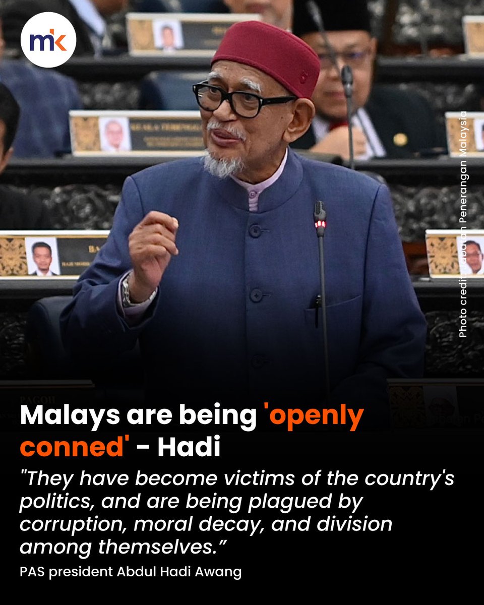 malaysiakini's tweet photo. Full story: https://t.co/SrV1SBKbxb

PAS President Abdul Hadi Awang called for the Malays to not let go of their remaining political power and support Dr Mahathir Mohamad's "Malay People's Proclamation" to save the Malay race. https://t.co/dSxChhqsit