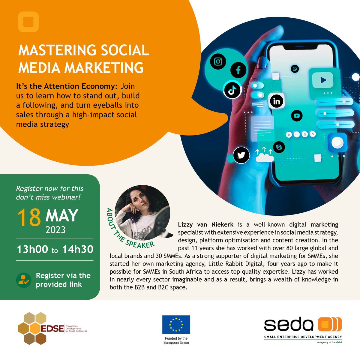 DSBD_SA's tweet photo. Learn how to master social media marketing to grow your business.
Hereโs a ๐๐link https://t.co/FUUJuLjM2f to register for this webinar and learn how to stand out, build a following, and generate sales for your business through a high-impact social media strategy. https://t.co/g5VG7lpm9y