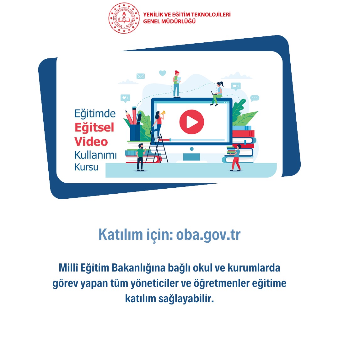 mebyegitek's tweet photo. Eğitimde Eğitsel Video Kullanımı Kursu ÖBA’da!
Millî Eğitim Bakanlığına bağlı okul ve kurumlarda görev yapan tüm yöneticiler ve öğretmenler eğitime katılım sağlayabilir.
Katılım için: https://t.co/ACzDir28Cb
#tcmeb @prof_mahmutozer https://t.co/DtrSNFdFuj