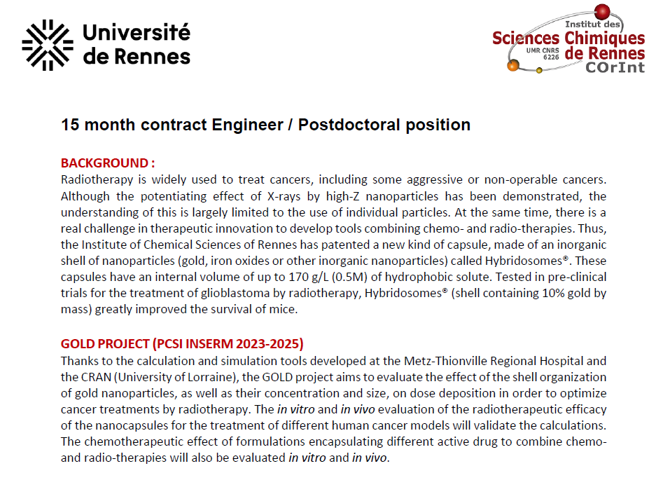 GdrOrnano's tweet photo. New post-doc offer in @chimie_ISCR lab. 💥

Check the description below 👇

@CORrInt team, @RennesUniv 

#research #Joboffer #Postdoc #Goldnanopparticles  #Radiotherapy #Hybridosomes https://t.co/RCLUV7AMfM