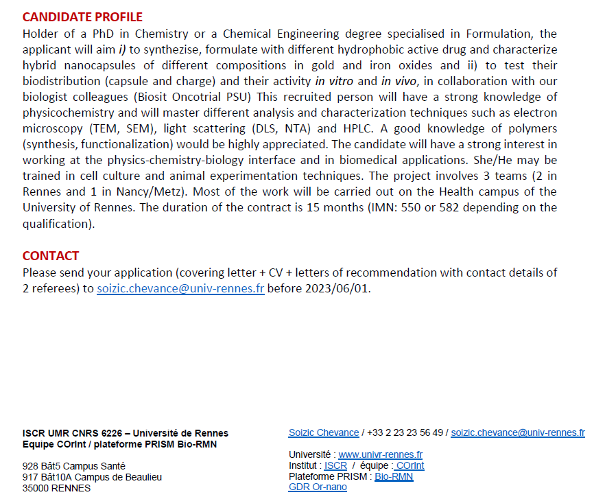 GdrOrnano's tweet photo. New post-doc offer in @chimie_ISCR lab. 💥

Check the description below 👇

@CORrInt team, @RennesUniv 

#research #Joboffer #Postdoc #Goldnanopparticles  #Radiotherapy #Hybridosomes https://t.co/RCLUV7AMfM