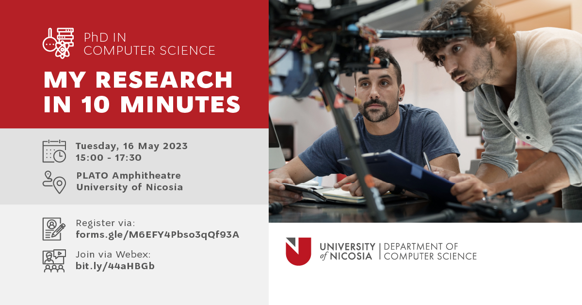 UNIC_ENG's tweet photo. 📢My research in 10 minutes

Existing PhD students will present their research work and their future plans.Perspective students with brilliant research ideas in all fields of Computer Science are welcome to also share their ideas.

📅16 May 2023
🕚15:00-17:30
📍Plato Amphitheatre https://t.co/1UWv5Wox1F