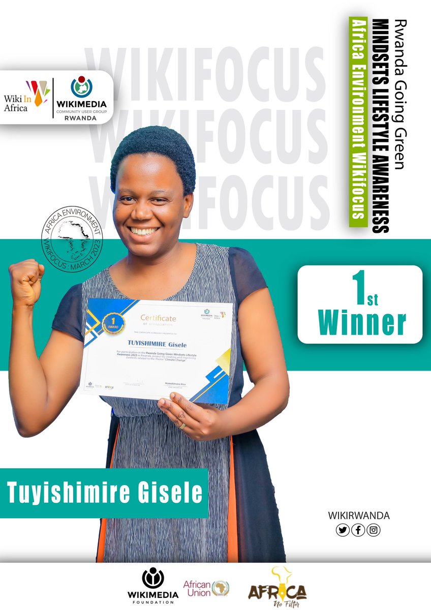 OSKRwanda's tweet photo. Congratulations to our contestant Tuyishimire Gisele winning the competition of #Rwanda going green mindset lifestyle awareness.
Organized by @MukeshAlice .
@wikiafrica @Wikimedia @_AfricanUnion @WikiAfrique @REMA_Rwanda
#Openeknowledge
#Environementprotection https://t.co/9CSsqTxXQI