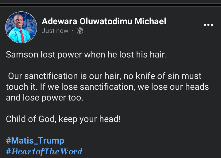 Adewara_Mike's tweet photo. Samson lost power when he lost his hair.

 Our sanctification is our hair, no knife of sin must touch it. If we lose sanctification, we lose our heads and lose power too.

Child of God, keep your head!

#Matis_Trump
#𝑯𝒆𝒂𝒓𝒕𝒐𝒇𝑻𝒉𝒆𝑾𝒐𝒓𝒅 https://t.co/hGYUj19WNg