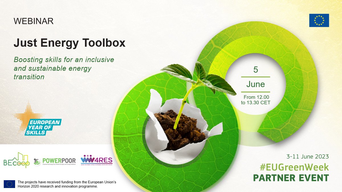 Do you want to be a part of the #energytransition, know what you consume &amp; adopt new behaviors? 
As part of the #EUGreenWeek &amp; #EuropeanYearOfSkills, we co-organize a webinar to present toolkits &amp; recommendations to support citizens &amp; energy communities.
👉w4res.eu/events/just-en…