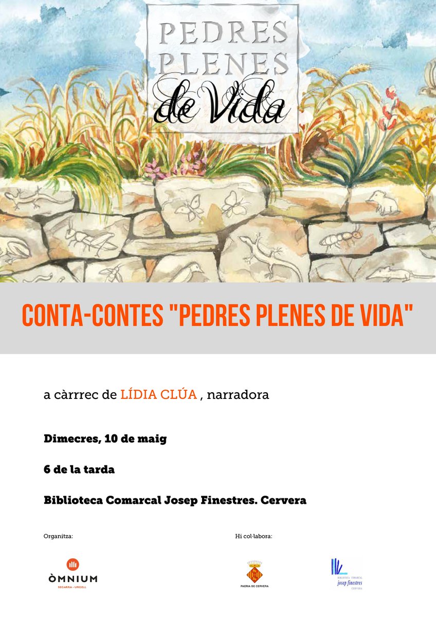 Famíles, aquest dimecres la narradora @cluaserra ens explicarà el conte PEDRES PLENES DE VIDA escrit per Jaume Ramon, Miquel Ramon i Jordi Giribet i il·lustrat per Ramon Franquesa. 
<a href="/paeriacervera/">Paeria de Cervera</a> <a href="/ccsegarra/">Consell Comarcal de la Segarra</a> #horadelconte #bibliotequeslleida #amicsdelarquitecturapopular