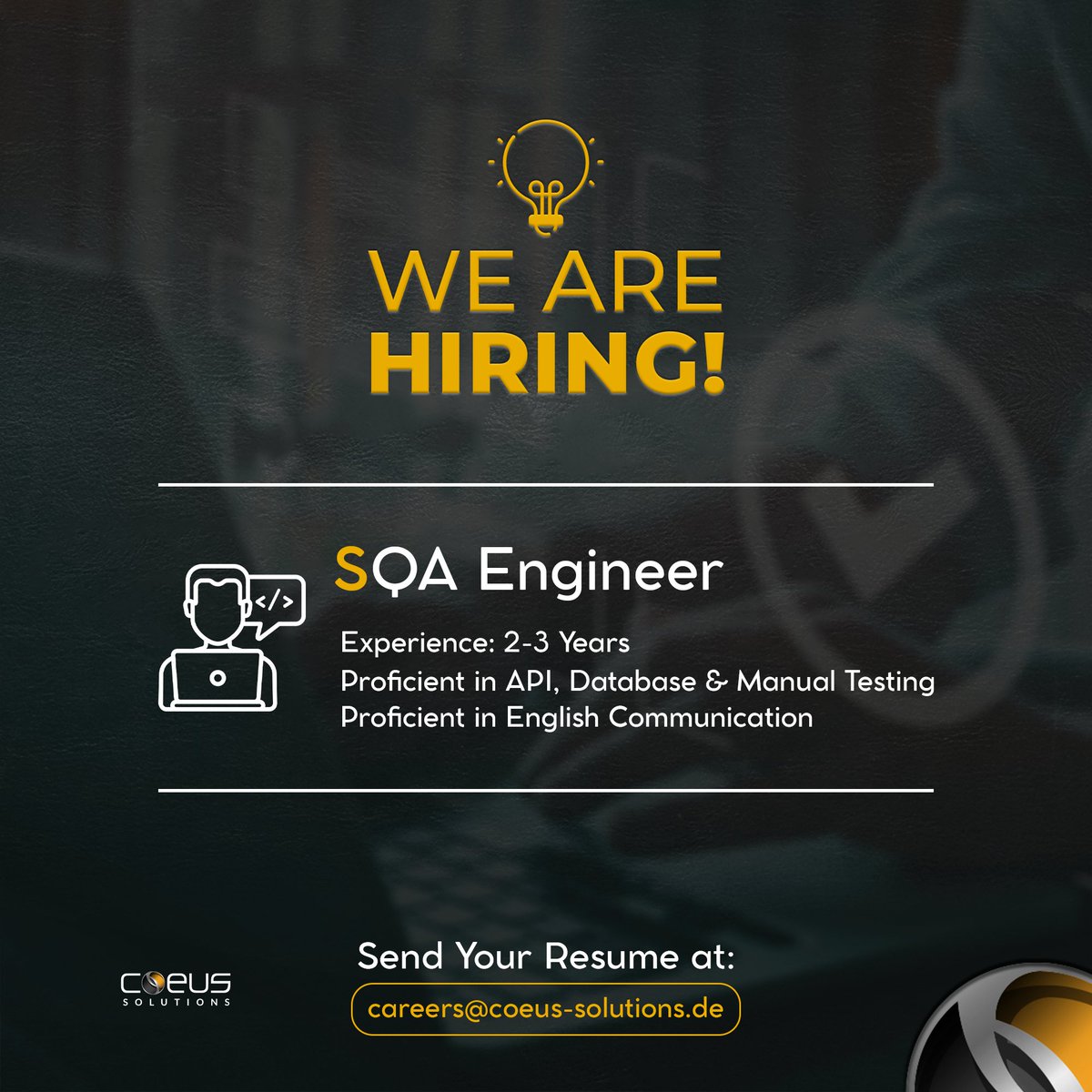 CoeusSolutions's tweet photo. 𝐖𝐄 𝐀𝐑𝐄 𝐇𝐈𝐑𝐈𝐍𝐆!! 📢

Coeus Solutions is seeking a skilled and experienced full-time 'SQA Engineer' to join our team.

𝐒𝐞𝐧𝐝 𝐲𝐨𝐮𝐫 𝐫𝐞𝐬𝐮𝐦𝐞 𝐚𝐭:
careers@coeus-solutions.de

#CoeusSolutions #Hiring #Jobs2023 #SQAEngineer #careers #engineer #jobs #team https://t.co/c6oGhmYzGu