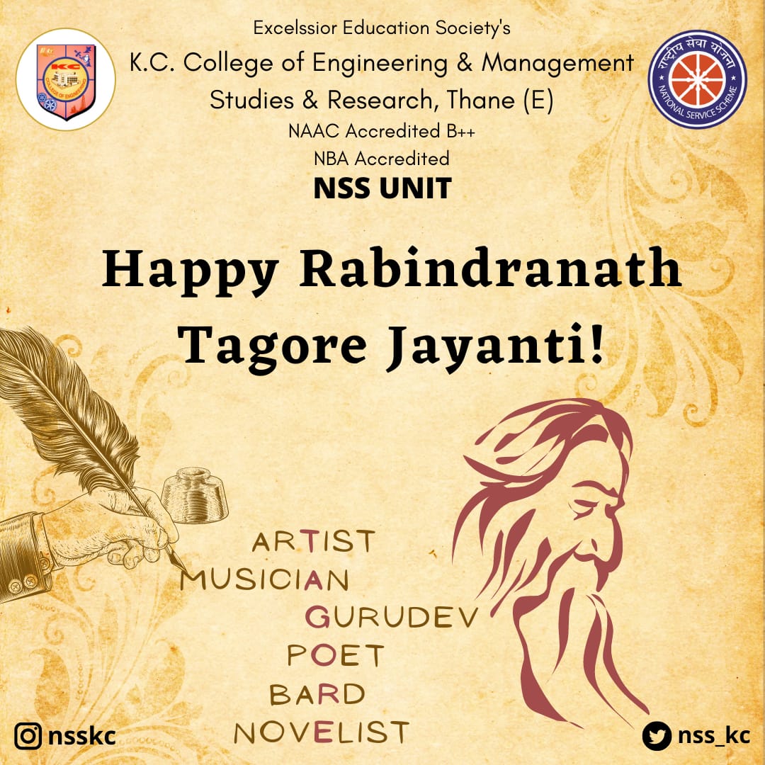 📝Happy Rabindranath Tagore Jayanti! Let's celebrate the birth anniversary of the legendary poet and philosopher with a commitment to serve our nation🖋️
#RabindranathTagore #TagoreJayanti #rabindranathtagorejayanti #Tagore #poetry #art @_NSSIndia @ConnectingNss @MaharashtraNSS