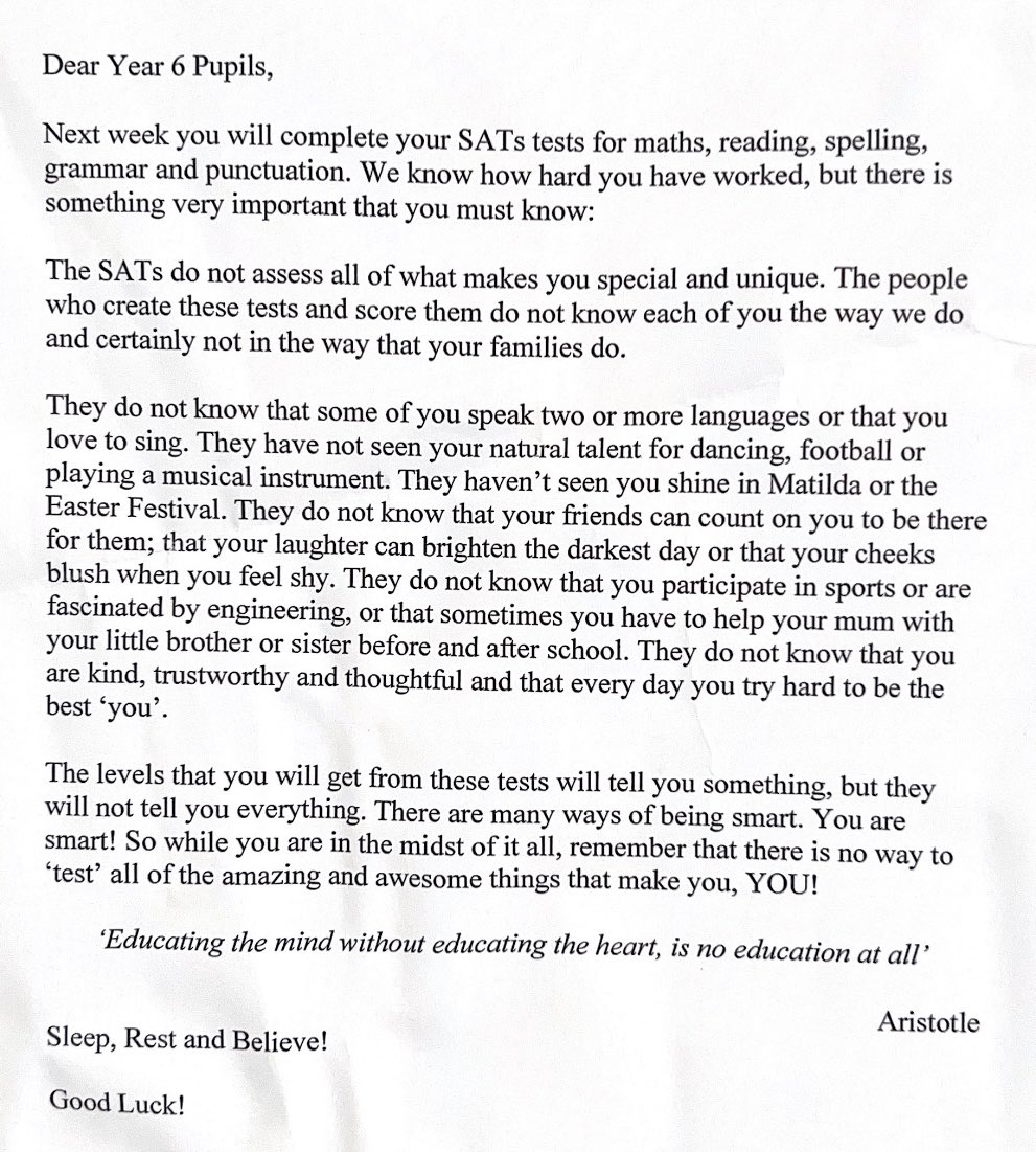 Year 6 SATs this week. My daughter came home with this letter. Reader, it got me. Thank you, St Bon’s in Bristol. This is just beautiful 😍