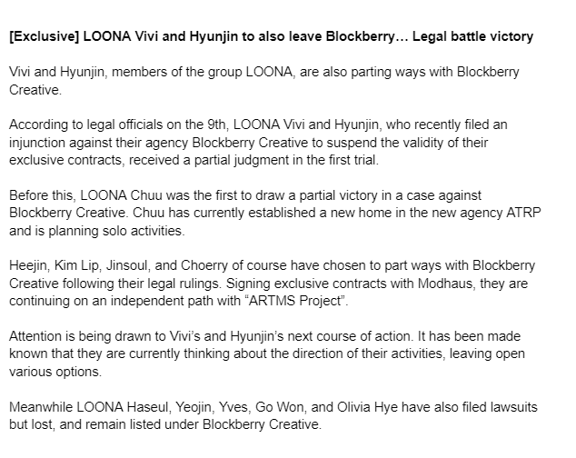 [ENG] 230509 etnews Exclusive: '#LOONA Vivi and Hyunjin to also leave Blockberry… Legal battle victory' entertain.naver.com/read?oid=030&a…