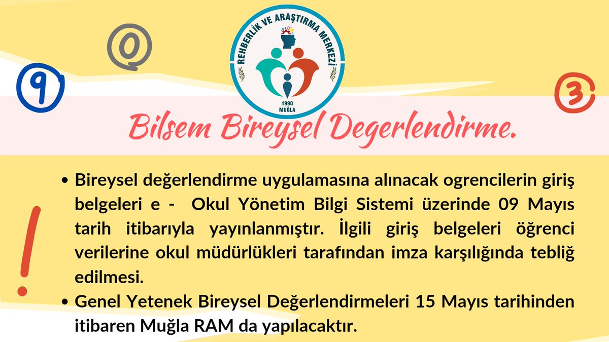 MuglaRam's tweet photo. Bilsem Bireysel Genel Yetenek Değerlendirmeleri (Menteşe,Marmaris,Köyceğiz,Yatağan,Ula,Datça,Kavaklıdere) ilçelerindeki öğrencilerimizin değerlendirmeleri Muğla RAM'da yapılacaktır.
@MebOrgm @mugla_mem 
@mentesemem @MarmarisMem @YataganMEM @Kavaklidere_MEM @UlaMem @datcailcemem https://t.co/Dr8VB97Xol