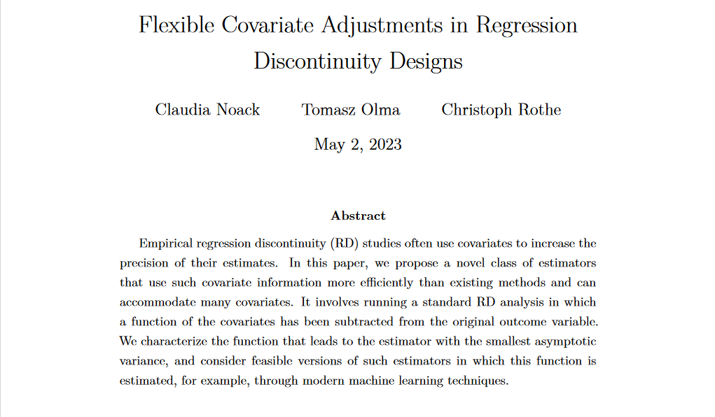 📢New working paper: 'Flexible Covariate Adjustments in Regression Discontinuity Designs' Interested in getting more out of your covariates in RD? We propose easy to implement methods for efficient and accurate inference. arxiv.org/abs/2107.07942