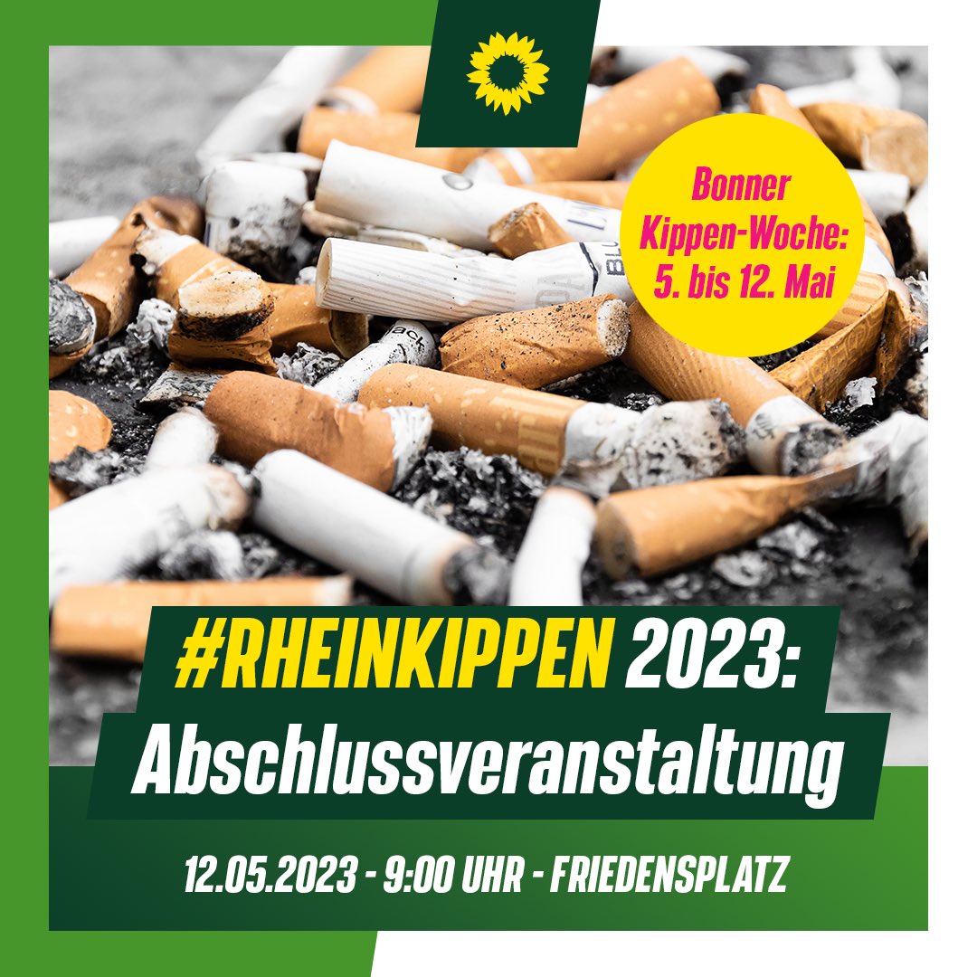 GRUENEimRatBN's tweet photo. "#Rheinkippen 2023" - eine Aktion von #rhinecleanup: Eine Woche lang werden Zigarettenstummel aufgesammelt - an den Ufern der Flüsse, in Parks oder auf Spielplätzen. Tolle Aktion! Weitere Infos unter https://t.co/Yj98WO05kd #nachhaltigkeit #klimaschutz #bonn https://t.co/nMUKrWYb1i