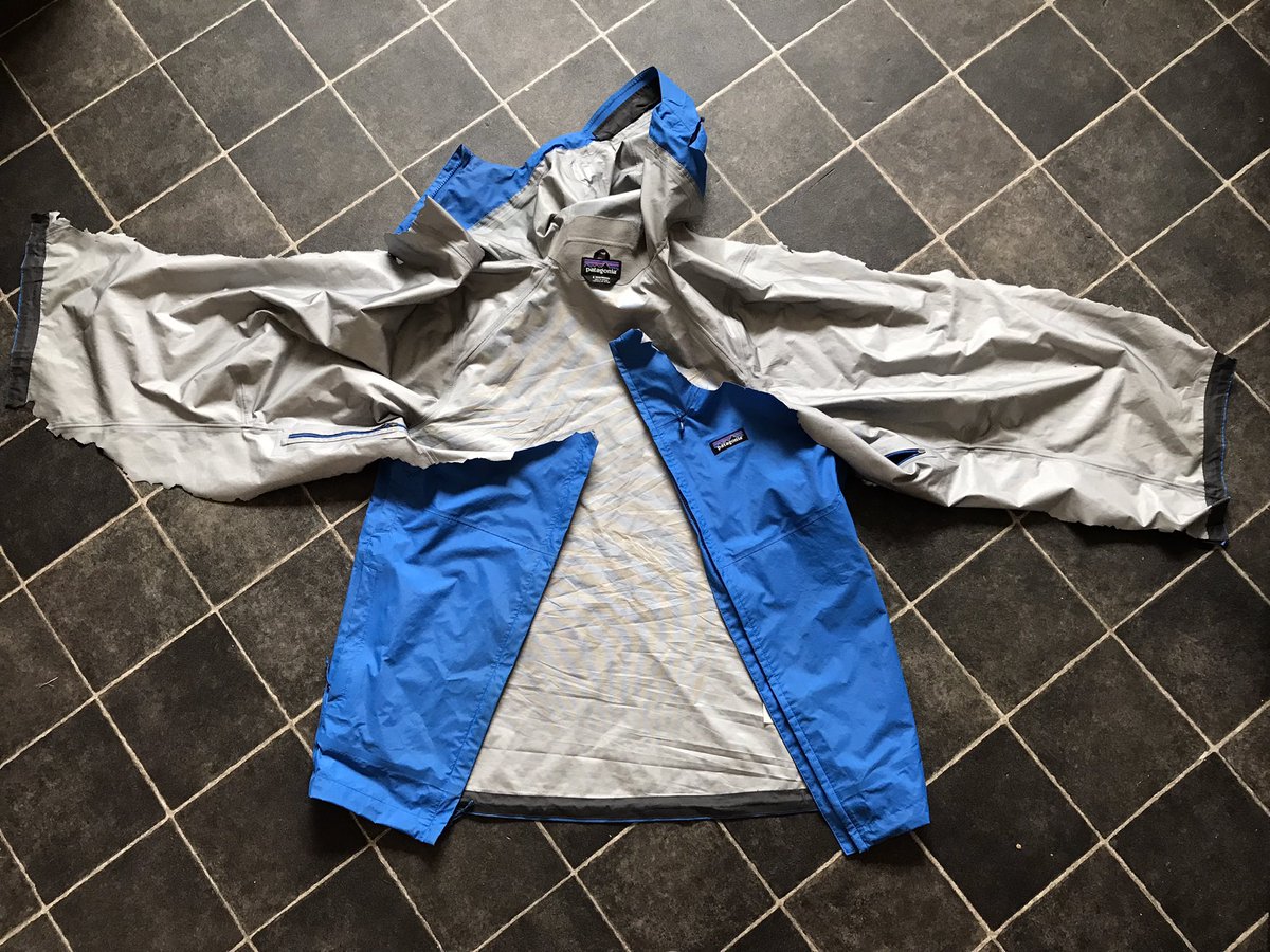 TomGMann's tweet photo. In the spirit of adventure* my favourite #torrentshell coat had to be cut off me by paramedics at the weekend ✂️😱

Do you reckon it’s repairable @patagonia ?! (the coat not the fractured vertebrae) 😆

*full disclosure, the adventure involved going down a slide with my 5yo 😬 https://t.co/VbZ5K0Qwdx