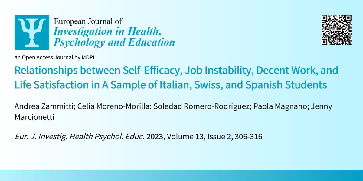 EJIHPE_MDPI's tweet photo. 🥳🤩Welcome to read👉"#Relationships between #SelfEfficacy #JobInstability #DecentWork #LifeSatisfaction in A #Sample of #ItalianStudents #SwissStudents #SpanishStudents"📜by🧑🏫👩🏫Andrea Zammitti et al.@PMagnano:📍https://t.co/tuiG1TuEvP
#career https://t.co/YFol2E1cM5